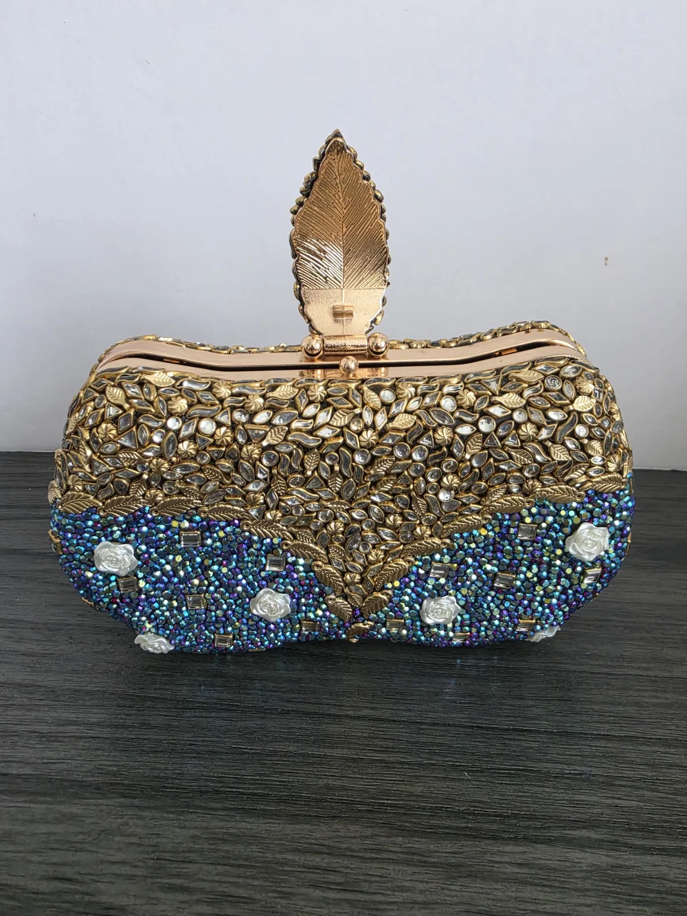 Luxury Beaded Crystal Clutch Bag | Gold Leaf & Teal Iridescent Evening Purse